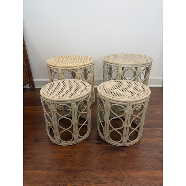 1970s Set of 4 Vintage Rattan and Cane Accent Tables For Sale - Image 5 of 8