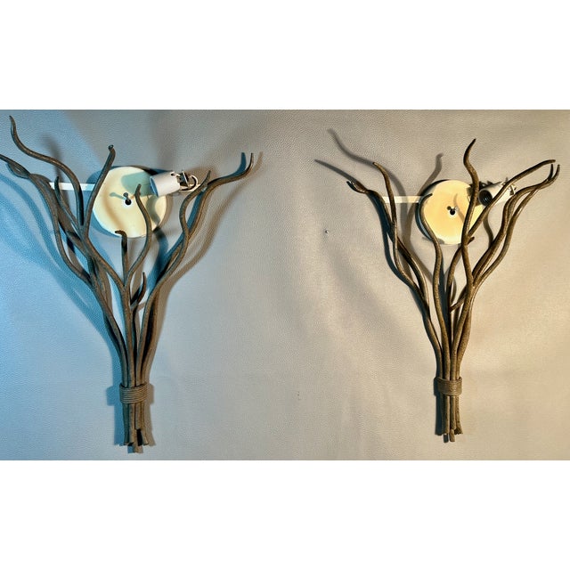 1980s Brutalist Wall Sconces Brutalist Style Organic Glass in Iron Branches - Pair For Sale - Image 4 of 5