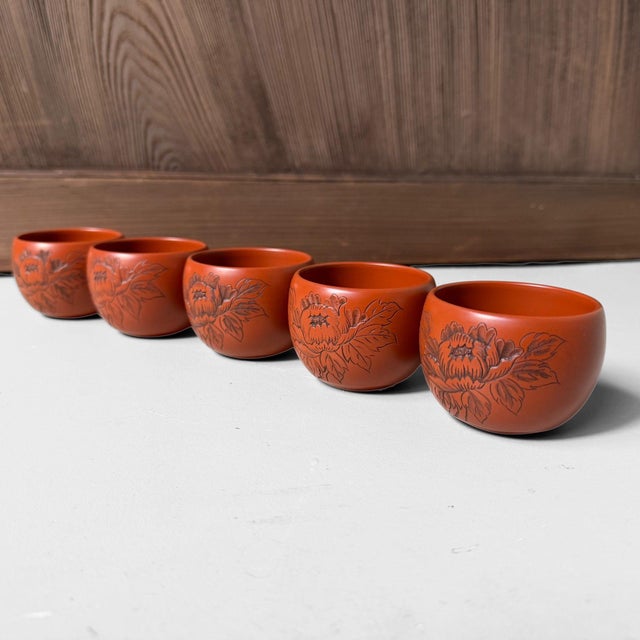 Tokoname Teaware in Shudei Clay with Floral Decor, 1970s, Set of 5 For Sale - Image 13 of 13