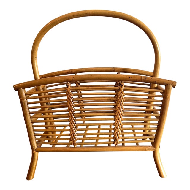 Vintage Rattan & Bamboo Magazine Rack With Curved Handle For Sale