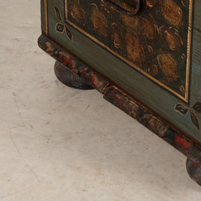 1836 Hungarian Original Hand-Painted Teal Flat Top Pine Trunk For Sale - Image 14 of 18