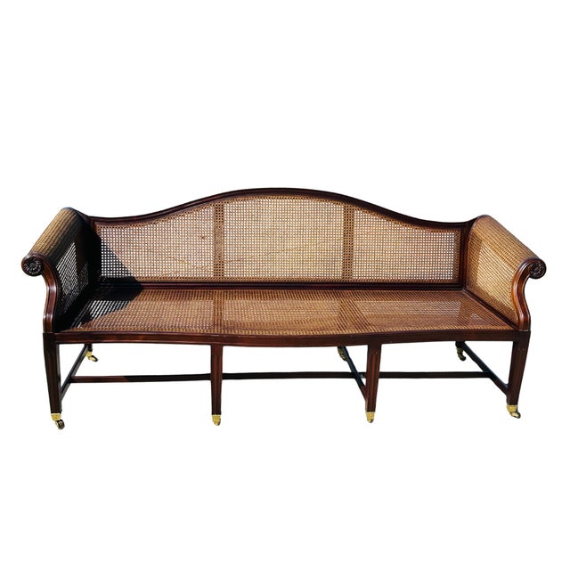 Authenticated Antique Federal Mahogany Caned Settee Sofa, Circa 1800–1815 – Serpentine Back, Reeded Scroll Arms & Original Brass Casters For Sale - Image 6 of 18