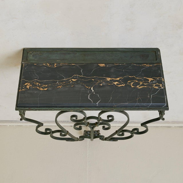 French Verdigris Bronze + Black Marble Wall-Mounted Console, 1940s For Sale - Image 4 of 9