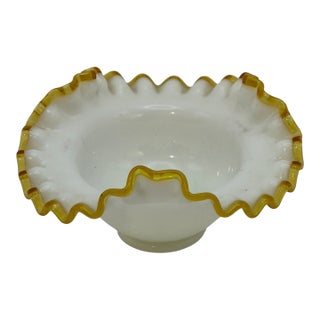 Vintage Fenton Milk-Glass Crimped Ruffled Amber Yellow Edge Candy Dish Bowl For Sale
