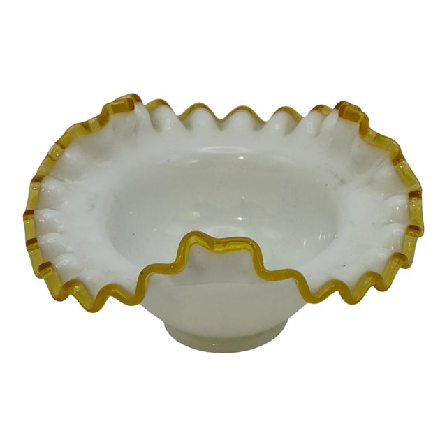 Vintage Fenton Milk-Glass Crimped Ruffled Amber Yellow Edge Candy Dish Bowl For Sale