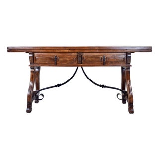 20th Century Spanish Console Fold Out Table With Iron Stretcher and Two Drawers For Sale