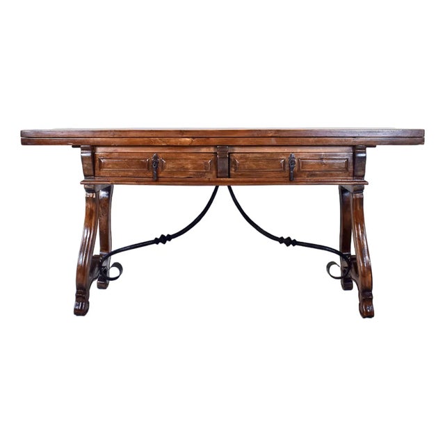 20th Century Spanish Fold Out Dining and Console Table With Iron Stretcher and Two Drawers For Sale