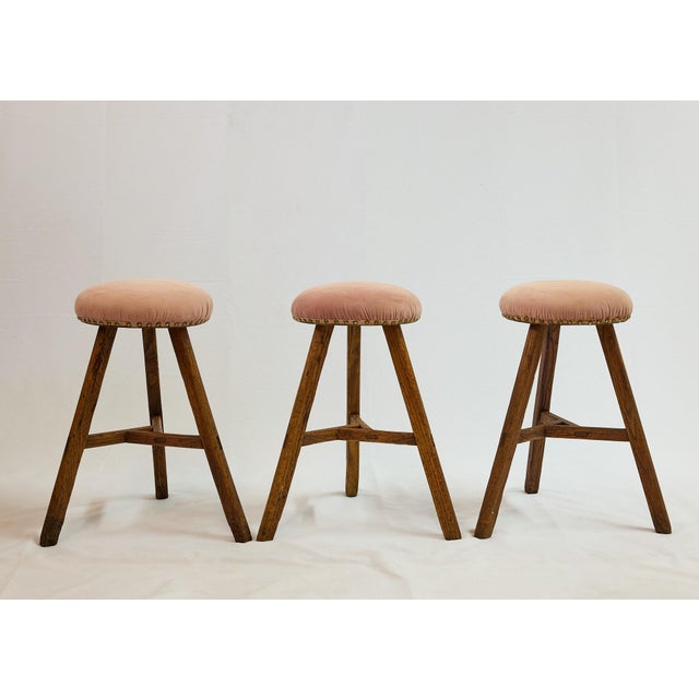 Wood Set of 3 Italian Splay Leg Stools With Pink Upholstered Seats For Sale - Image 7 of 12