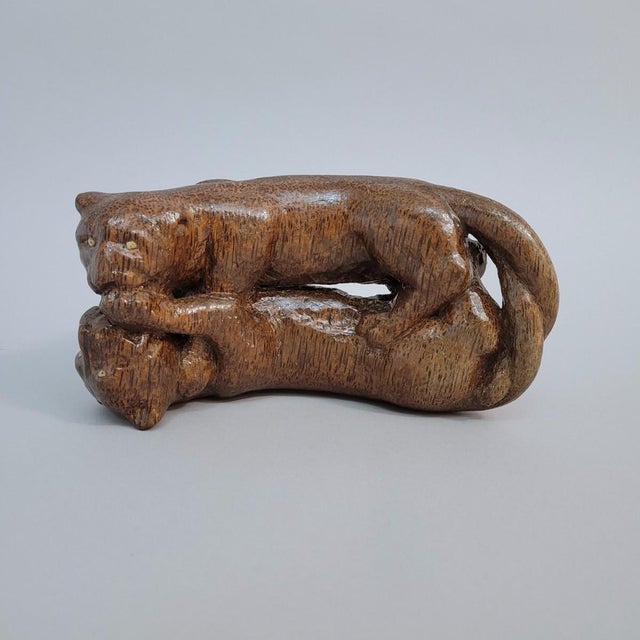 Contemporary Antique Asian Hand-Carved Hardwood Panthers Sculpture, C. 1900–1930 For Sale - Image 3 of 9