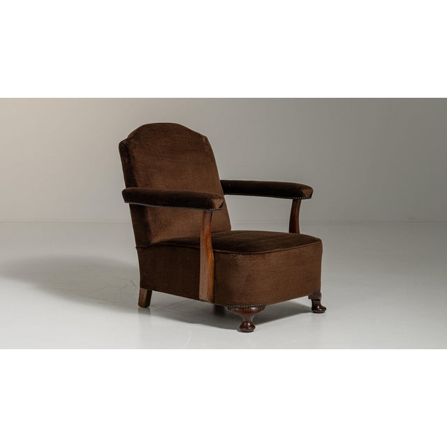 1940-1949 France Deep Espresso Brown Upholstered Wingback Armchair For Sale - Image 11 of 11