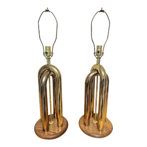 1970s American Modernist Table Lamp Pair Brass and Walnut