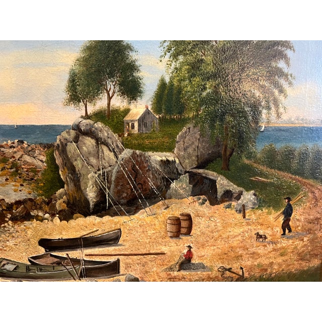 Late 19th Century Late 19th Century Folky Oil on Canvas of a Coastal Landscape With Fishermen For Sale - Image 5 of 7