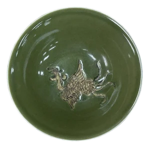 Chinese Celadon Green Color Phoenix Graphic Ceramic Bowl Display Art