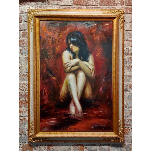 Henry Asencio -Dark Hair Woman Seated Nude-Painting on Canvas For Sale - Image 9 of 9