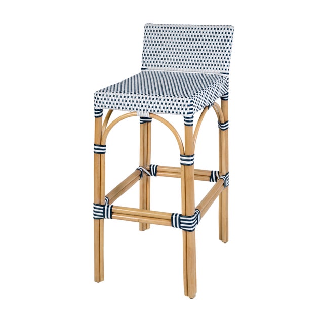 Serienna 30 in. Seat Height Rectangular Rattan Low Back Bar Stool, White/Navy Dot / Natural Rattan Frame For Sale - Image 9 of 9