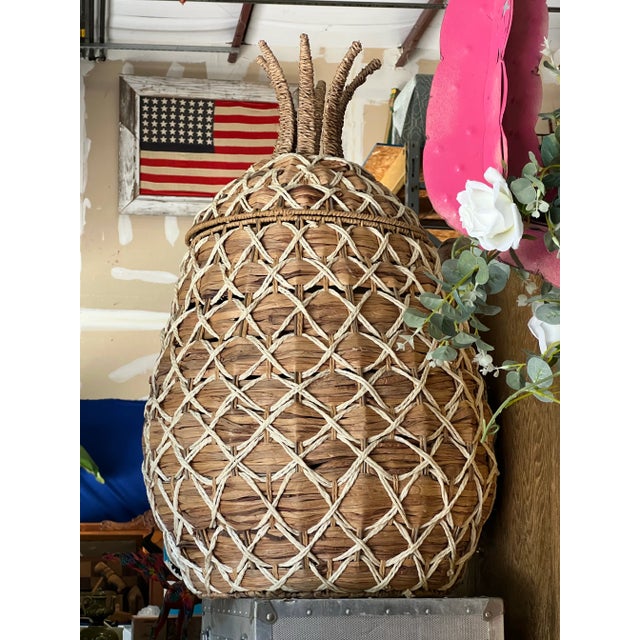 Up for consideration is a beautiful vintage oversized wicker pineapple boho chic basket with matching lid. This would look...