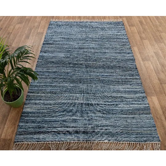 Recycled Denim Blue Hand Woven Cotton Boho Rug For Sale - Image 6 of 10