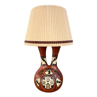 1970s Southwestern Wedding Vase Pottery Table Lamp — Hand-Painted Terracotta For Sale