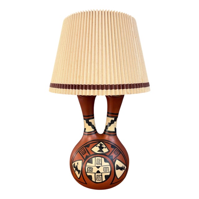 1970s Southwestern Wedding Vase Pottery Table Lamp — Hand-Painted Terracotta For Sale