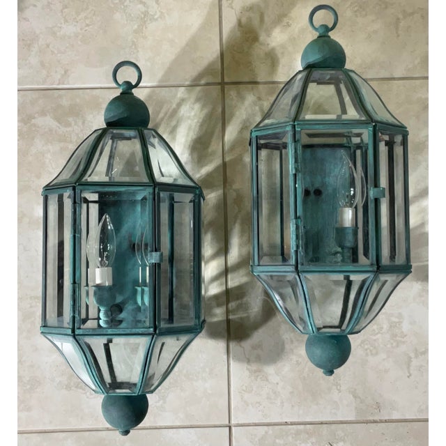 Pair of Vintage Solid Brass & Beveled Glass Wall Lantern - Sconces - Verdigris For Sale - Image 14 of 14