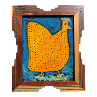 2025 Ruth Arenz Original Folk Chicken Painting in Vintage Frame For Sale