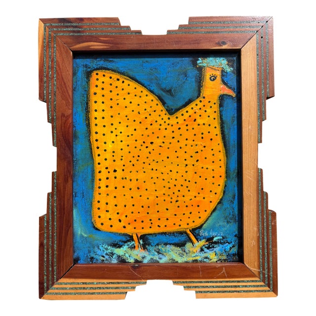 2025 Ruth Arenz Original Folk Chicken Painting in Vintage Frame For Sale