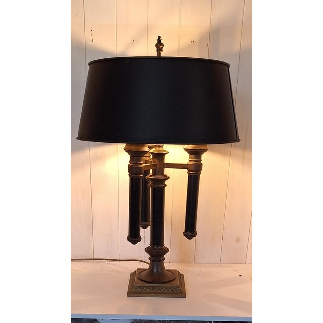 Black Vintage English 3-Light Table Lamp with Brass Frame and Shade, 1970s For Sale - Image 8 of 8