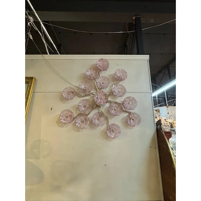 Fabulous Modern Murano glass and brass amethyst and pink flower sconce or flush mount. Circa 2000. This is wired and ready...