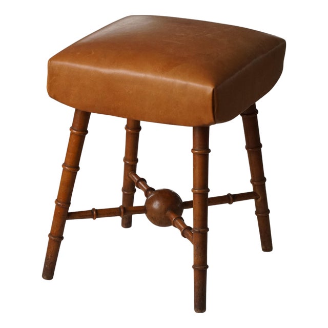 Vintage Danish Turned Wood Stool with Leather Seat, 1930s For Sale