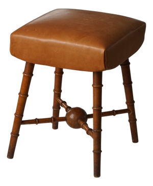 Vintage Danish Turned Wood Stool with Leather Seat, 1930s