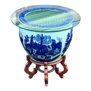 Large Blue and White Victoria Ware Ironstone Glass Topped Jardiniere Side Table