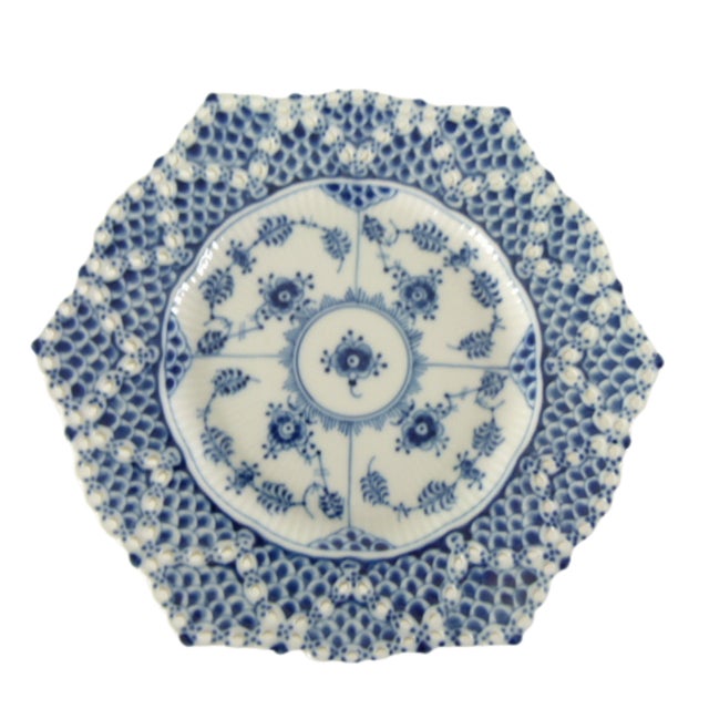 Traditional Vintage Royal Copenhagen Blue Fluted Double Full Lace Hexagonal Plate No. 1094 First Quality 1975 to 1979 For Sale - Image 3 of 11