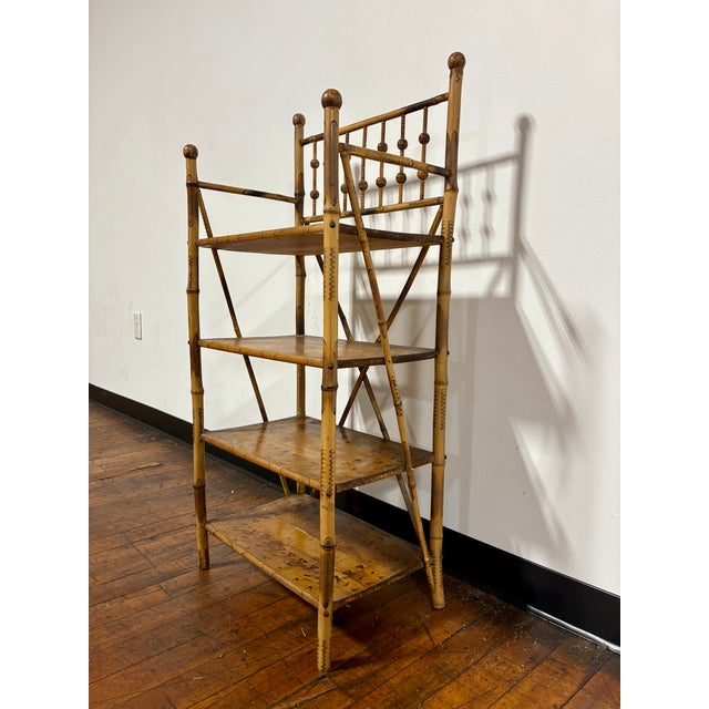 English Antique English Scorched or Burnt Bamboo Etagere / Bookcase Shelving For Sale - Image 3 of 9