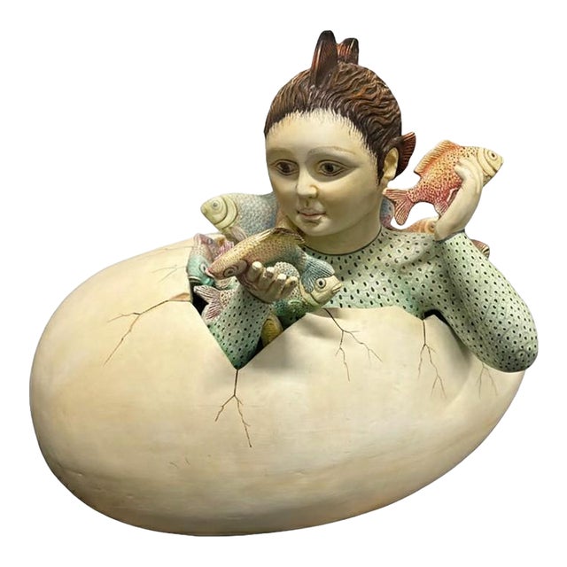 1980s Large Whimsical Sergio Bustamante "Egg With Fish" “Fish Boy” Hand-Painted Surrealist Sculpture For Sale