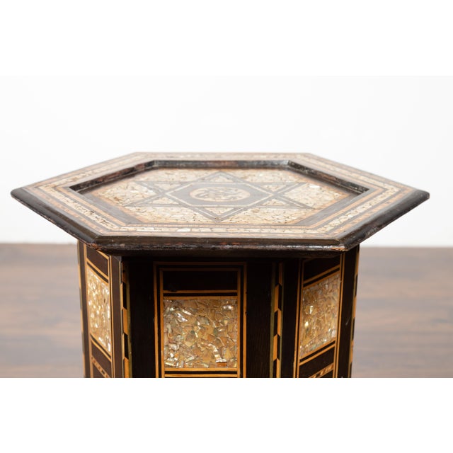 Mid 20th Century Moroccan Midcentury Side Table with Hexagonal Top and Mother-of-Pearl Inlay For Sale - Image 12 of 12
