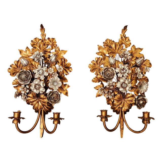 Hand-Forged Gold-Plated and Silver-Plated Candle Wall Lamps by S. Salvadori, Italy, 1950s, Set of 2 For Sale