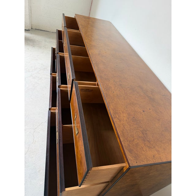 Mid-Century Modern 1970’s John Widdicomb Campaign Mid-Century Burlwood & Brass 9-Drawer Lowboy Dresser For Sale - Image 3 of 13