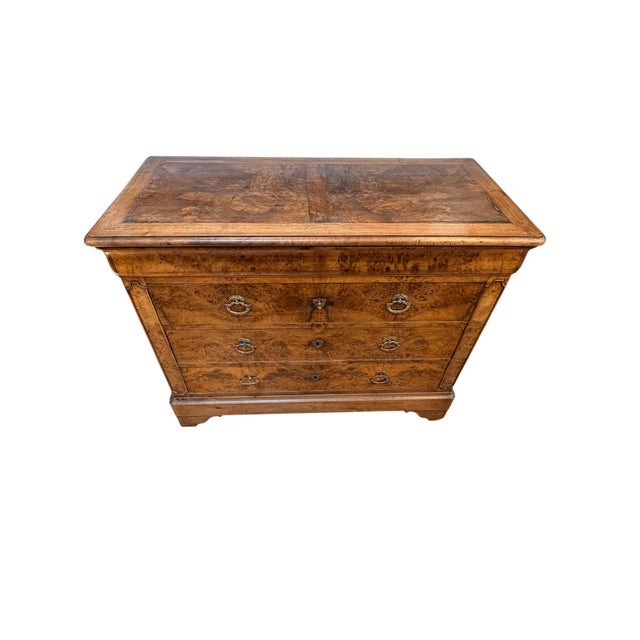 French Provincial Charles X Burled Walnut Commode. Beautiful proportions with book matched burled veneers throughout....