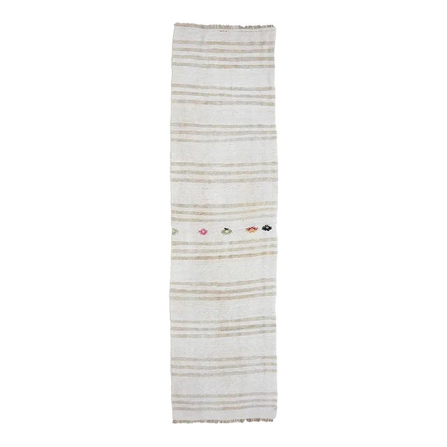 Mid 20th Century Mid 20th Century White & Beige Vintage Hemp Kilim Runner For Sale