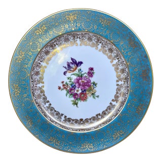 Vintage 1930s Rosenthal Germany Turquoise & Gold Encrusted Porcelain Dinner Plate For Sale