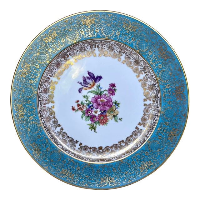 Vintage 1930s Rosenthal Germany Turquoise & Gold Encrusted Porcelain Dinner Plate For Sale