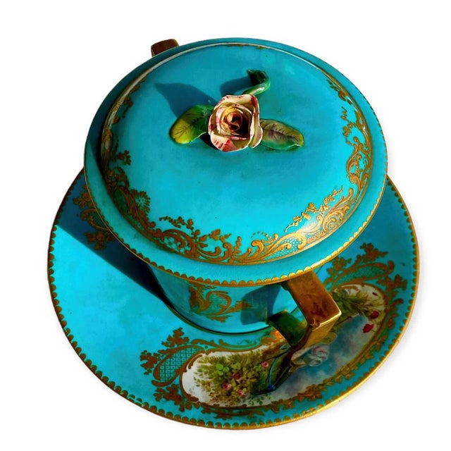 Ceramic Large Covered Cup and Deep Saucer in Sevres Porcelain, 19th Century, Set of 3 For Sale - Image 7 of 14