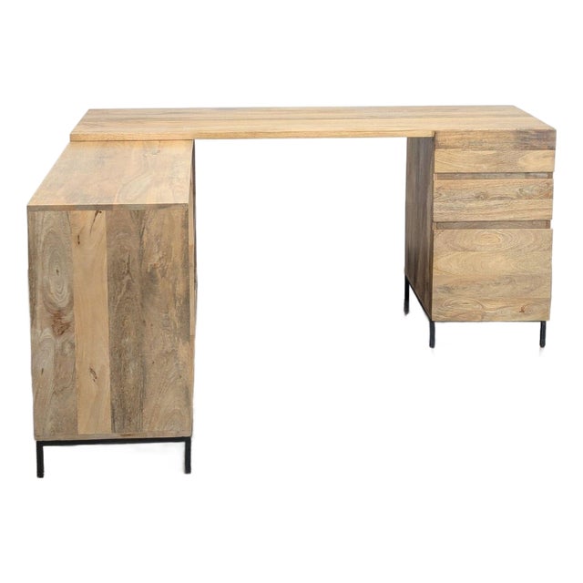 West Elm L-Shaped Desk With Drawers and Open Shelves - Natural Wood Finish For Sale