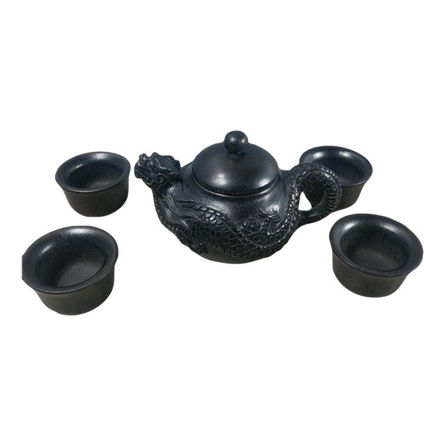 Late 19th Century Carved Faux Horn Dragon Teapot Set With Four Cups - 5 pcs with Box For Sale