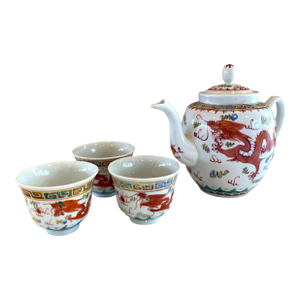 Antique Chinese Dragon & Phoenix Teapot and Cups - Set of 4