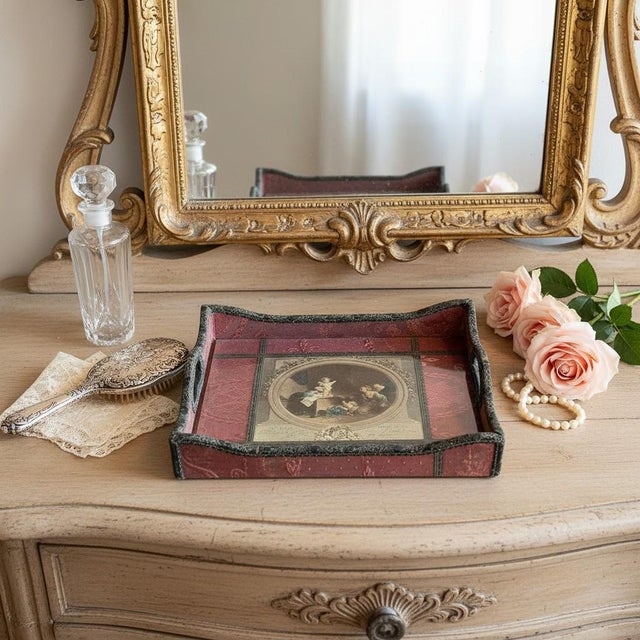 Victorian Antique French Silk Serving Tray-Hand Colored Stipple Engraving-Fragonard-Vanity For Sale - Image 3 of 11