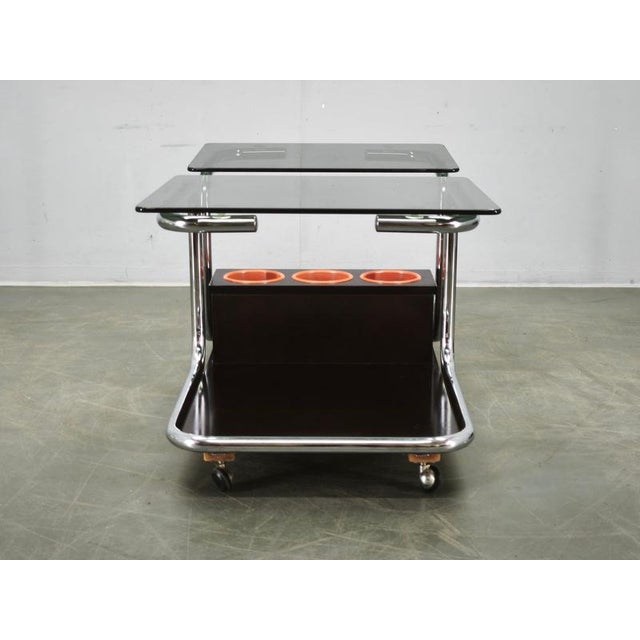 Space Age Chrome, Smoked Glass and Wood Bar Cart, 1970s For Sale - Image 11 of 15