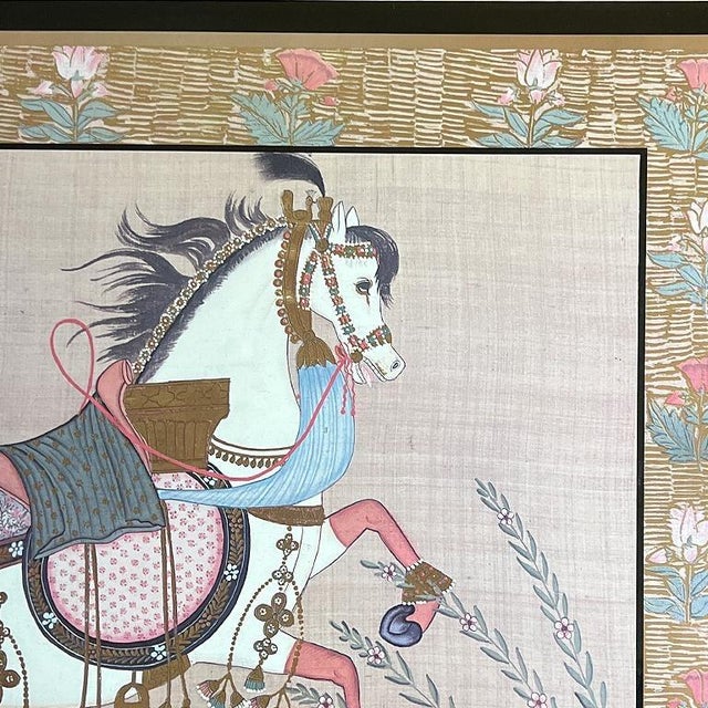 Textile Late 20th Century Framed Hand Painted Indian Gouache Painting of Horse on Silk in Pink - India For Sale - Image 7 of 10