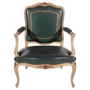 Louis XV Green Leather Armchair, France, 1900s