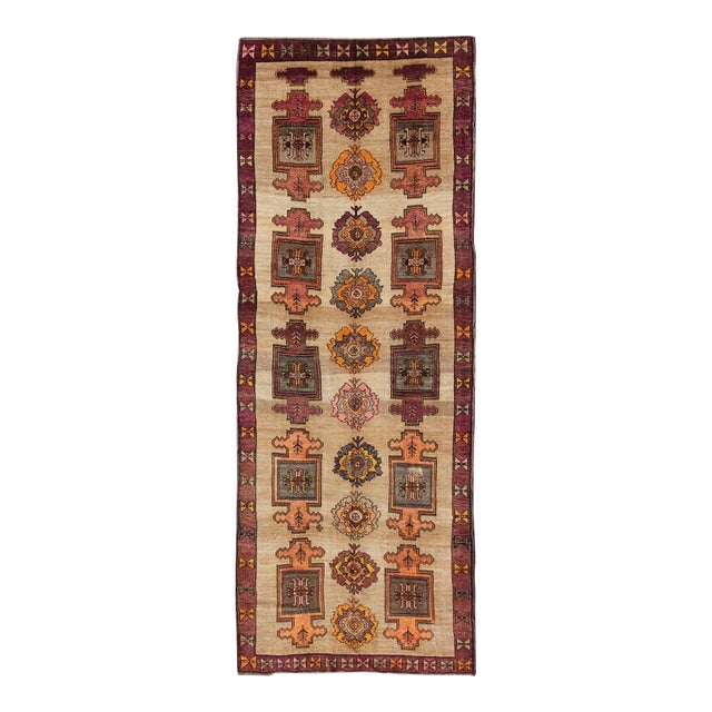 Long Gallery Turkish Runner With Geometric Design in Tan, Orange, Gray & Purple 6'6 X 17'2 For Sale